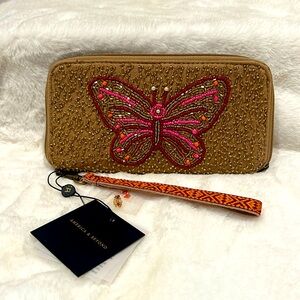 Beaded Butterfly Wristlet Wallet in Tan and Pink